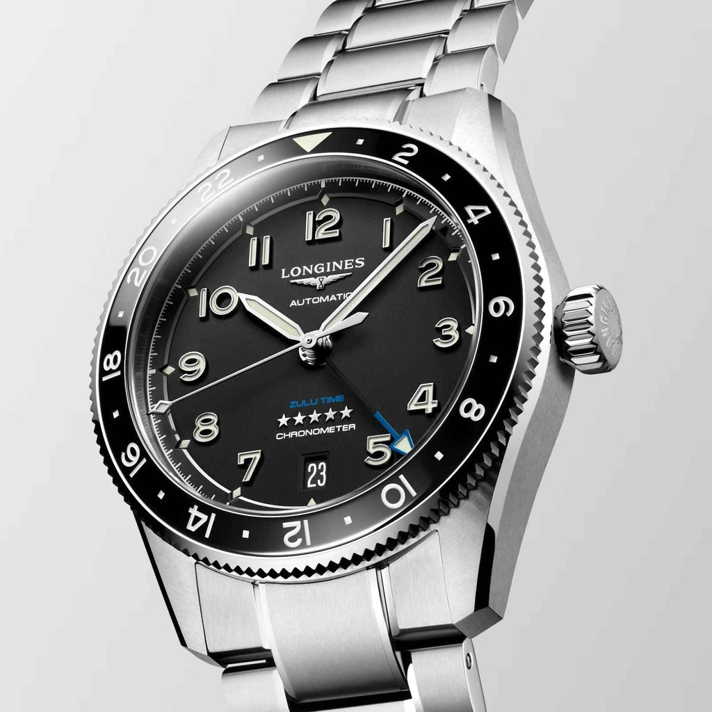 Orologio Longines in acciaio con quadrante nero automatico e cinturino a maglie