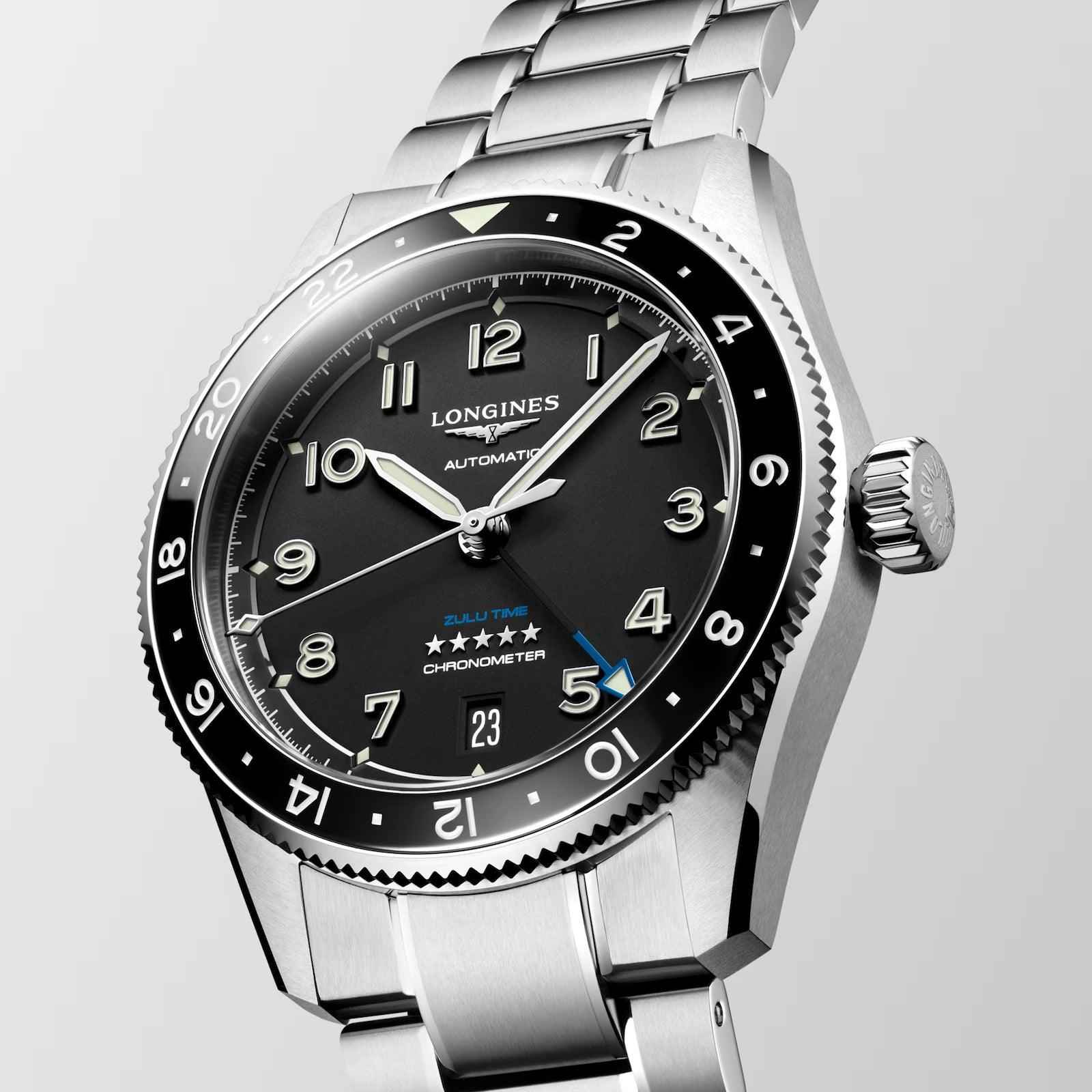 Orologio Longines in acciaio con quadrante nero automatico e cinturino a maglie
