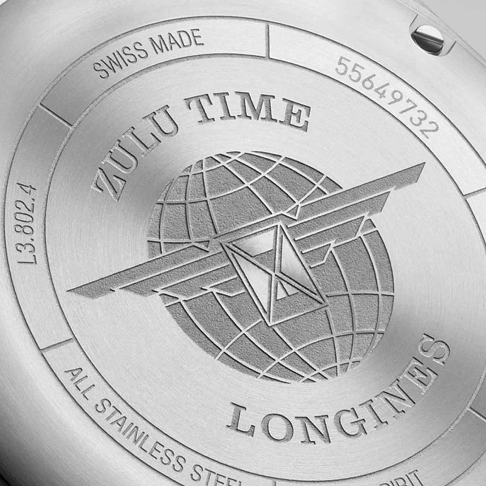 Fondello dell’orologio Longines in acciaio con incisione Zulu Time e mondo