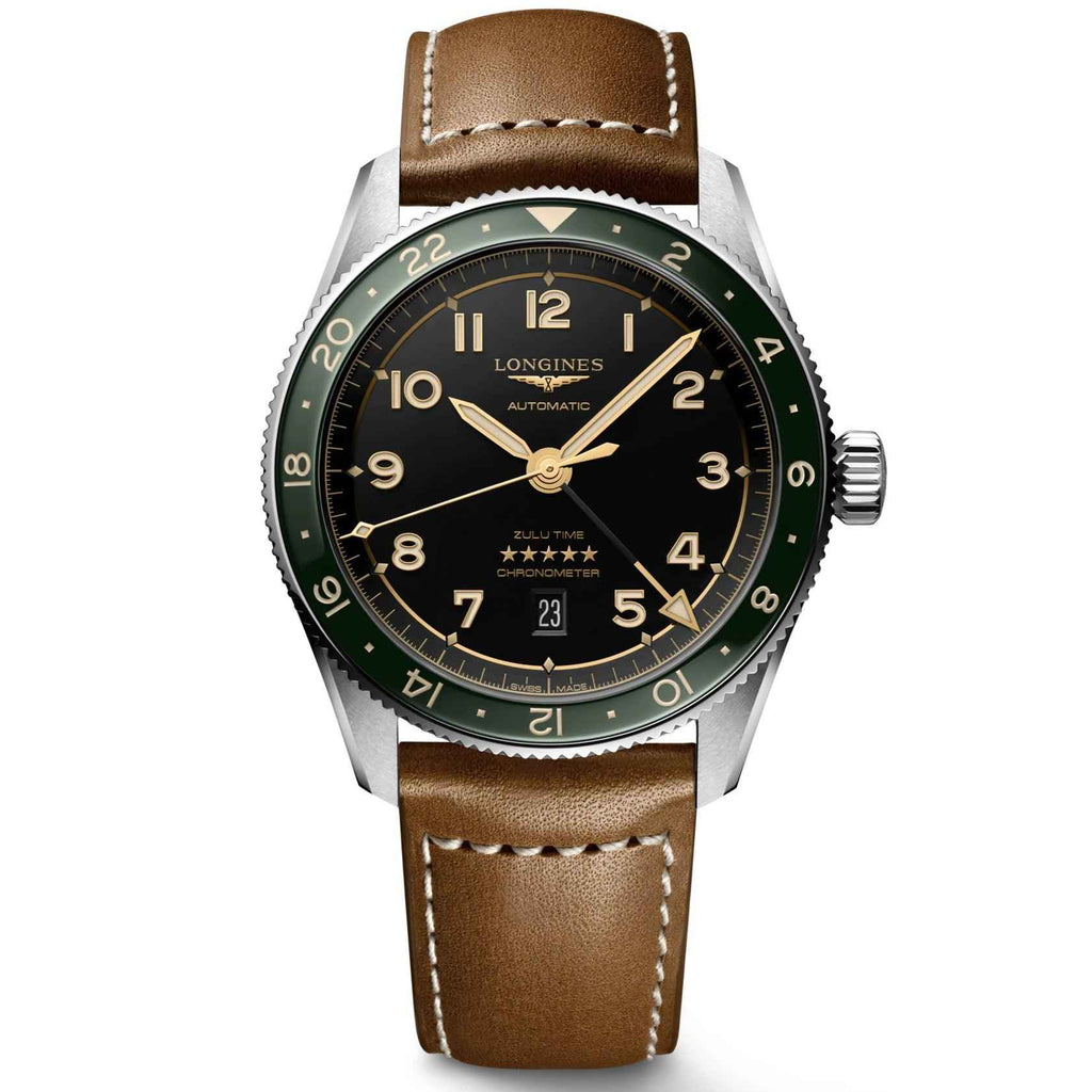 Orologio Longines Spirit Zulu Time con quadrante nero e cinturino in pelle marrone