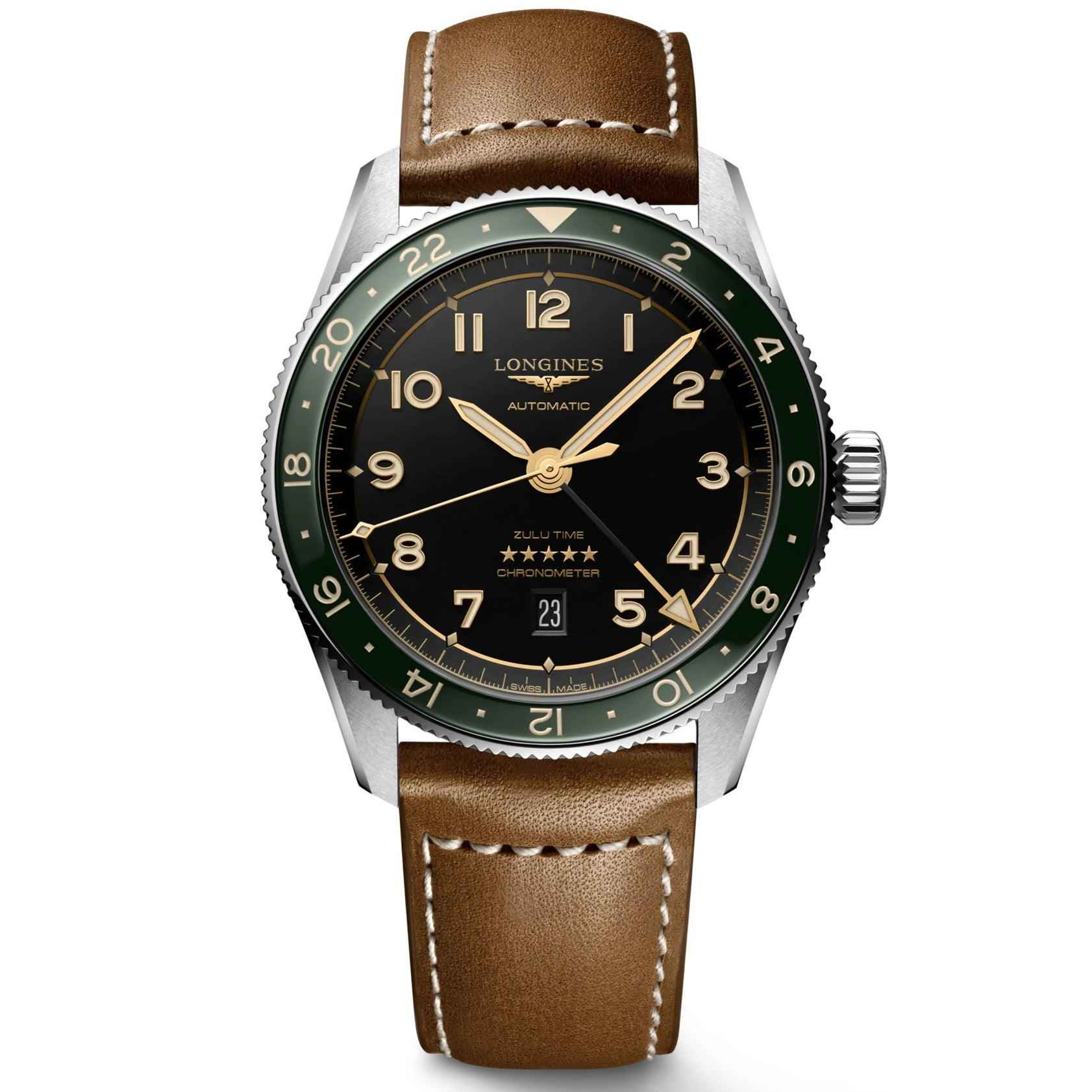 Orologio Longines Spirit Zulu Time con quadrante nero e cinturino in pelle marrone