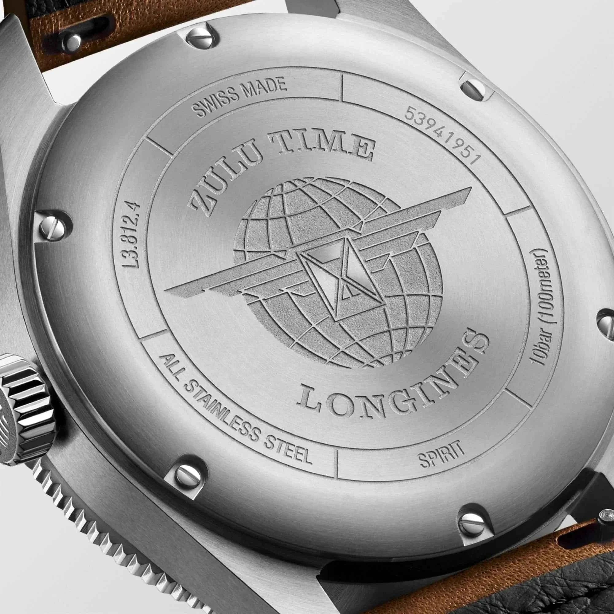 Fondello Orologio Longines Spirit Zulu Time inciso con globo e testo Swiss Made