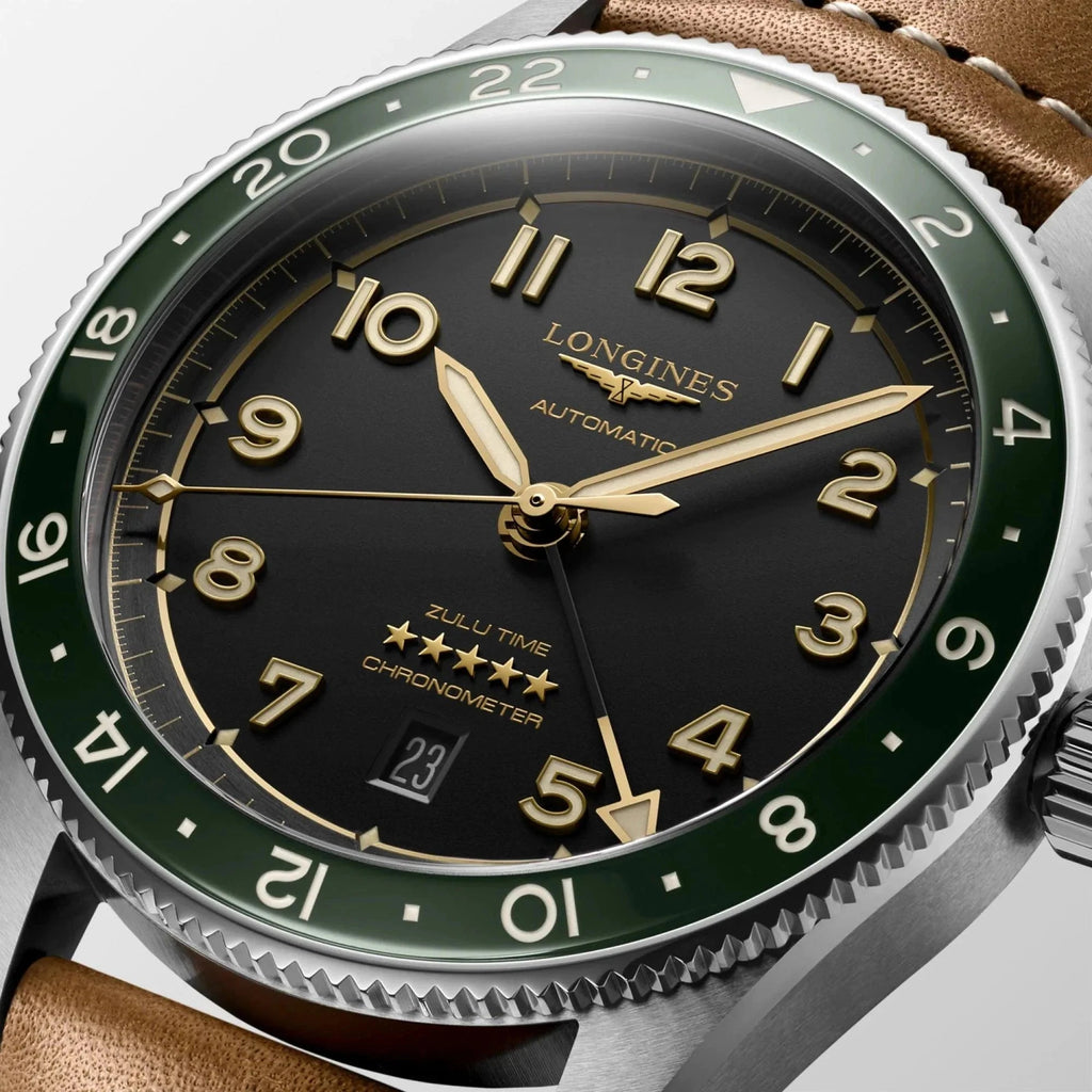 Orologio automatico Longines Spirit Zulu Time 42 mm in acciaio antracite, cinturino marrone, quadrante nero