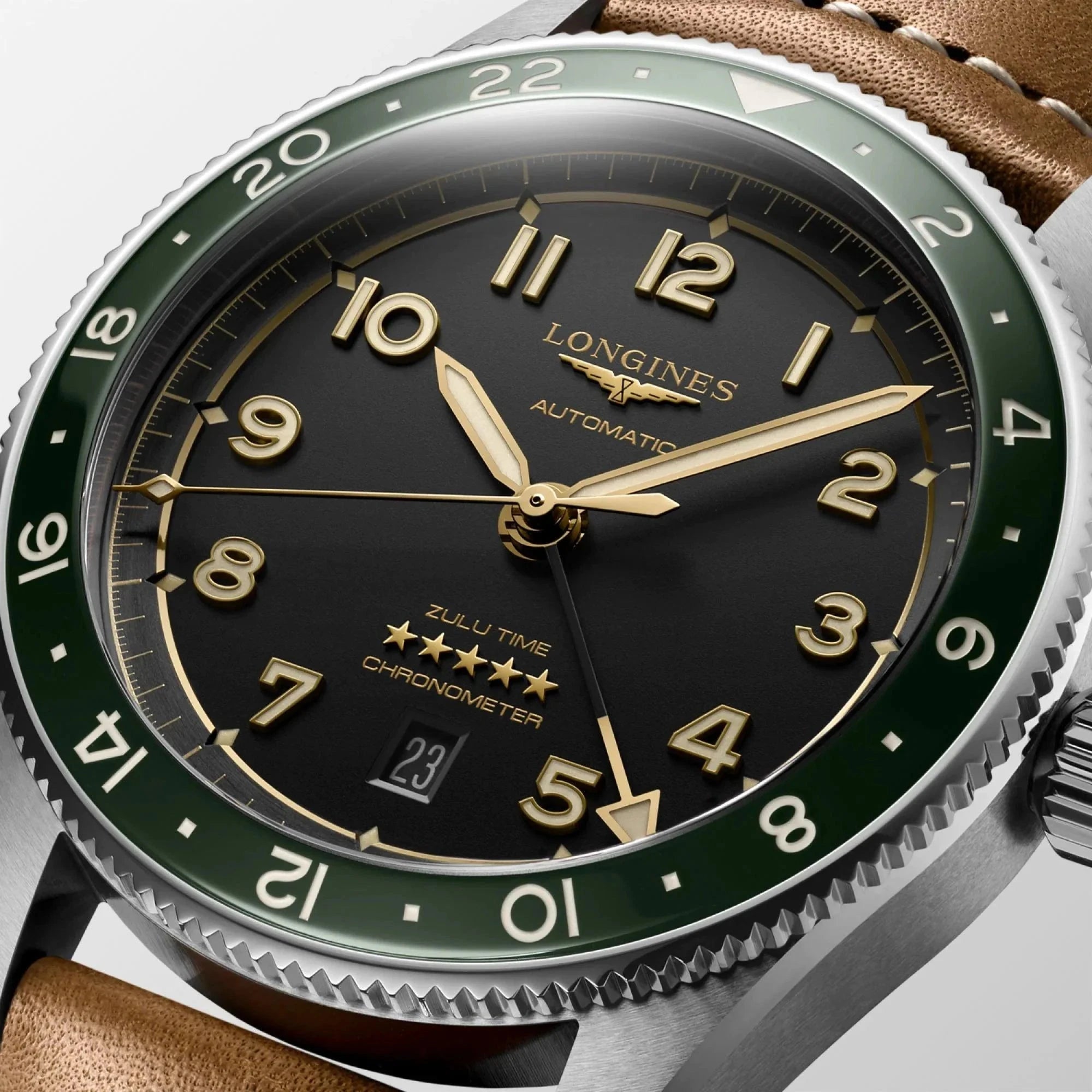 Orologio automatico Longines Spirit Zulu Time 42 mm in acciaio antracite, cinturino marrone, quadrante nero
