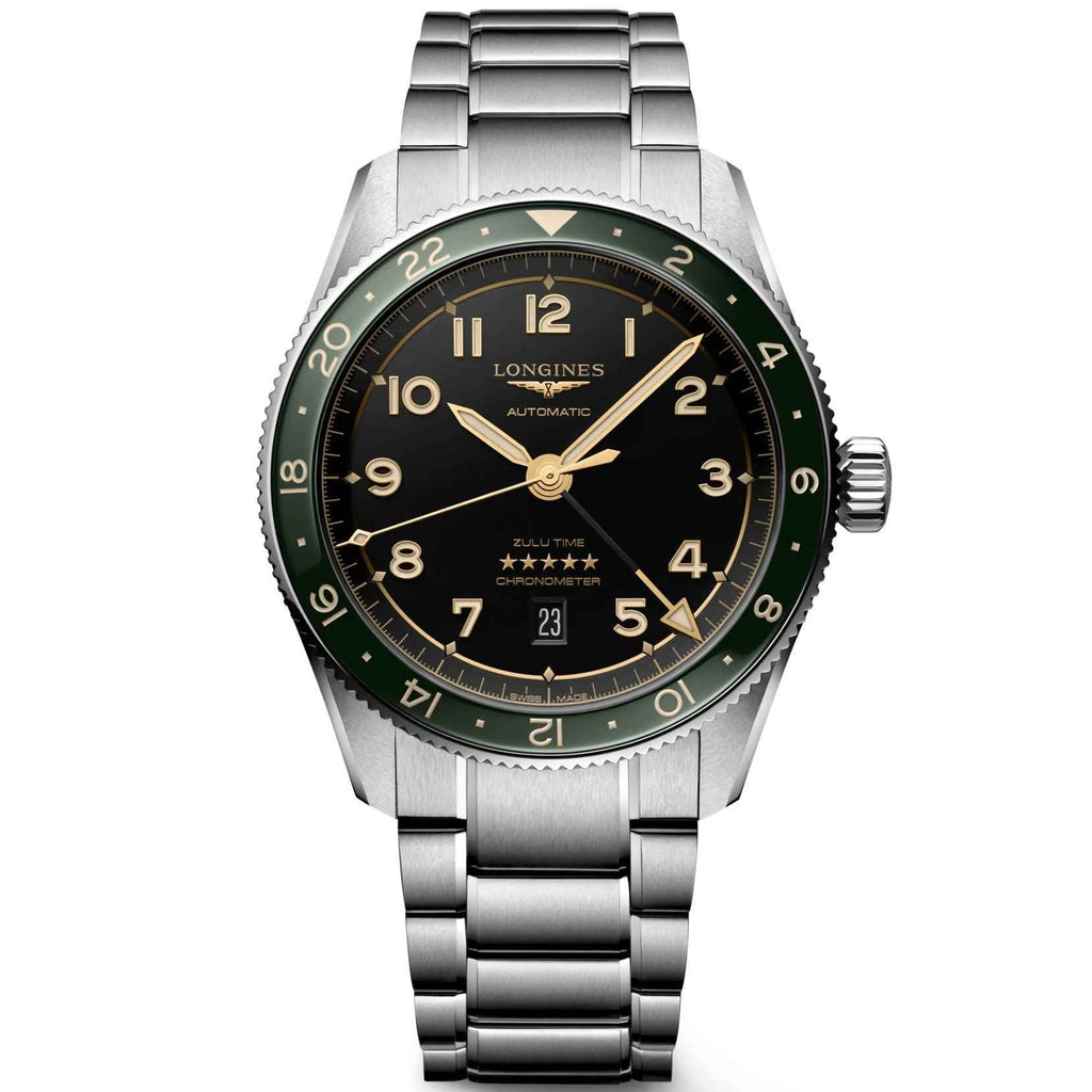 Orologio automatico Longines con quadrante nero e cinturino d’acciaio, lunetta verde.