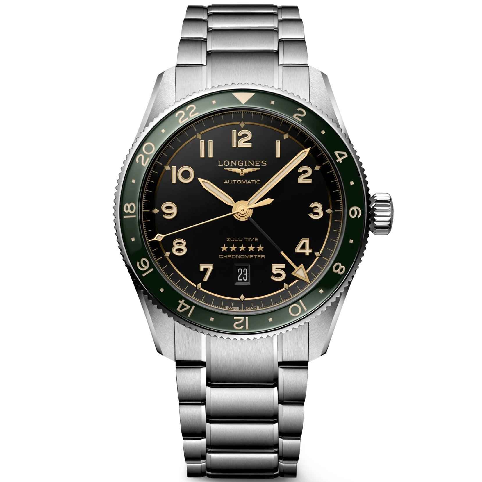Orologio automatico Longines con quadrante nero e cinturino d’acciaio, lunetta verde.