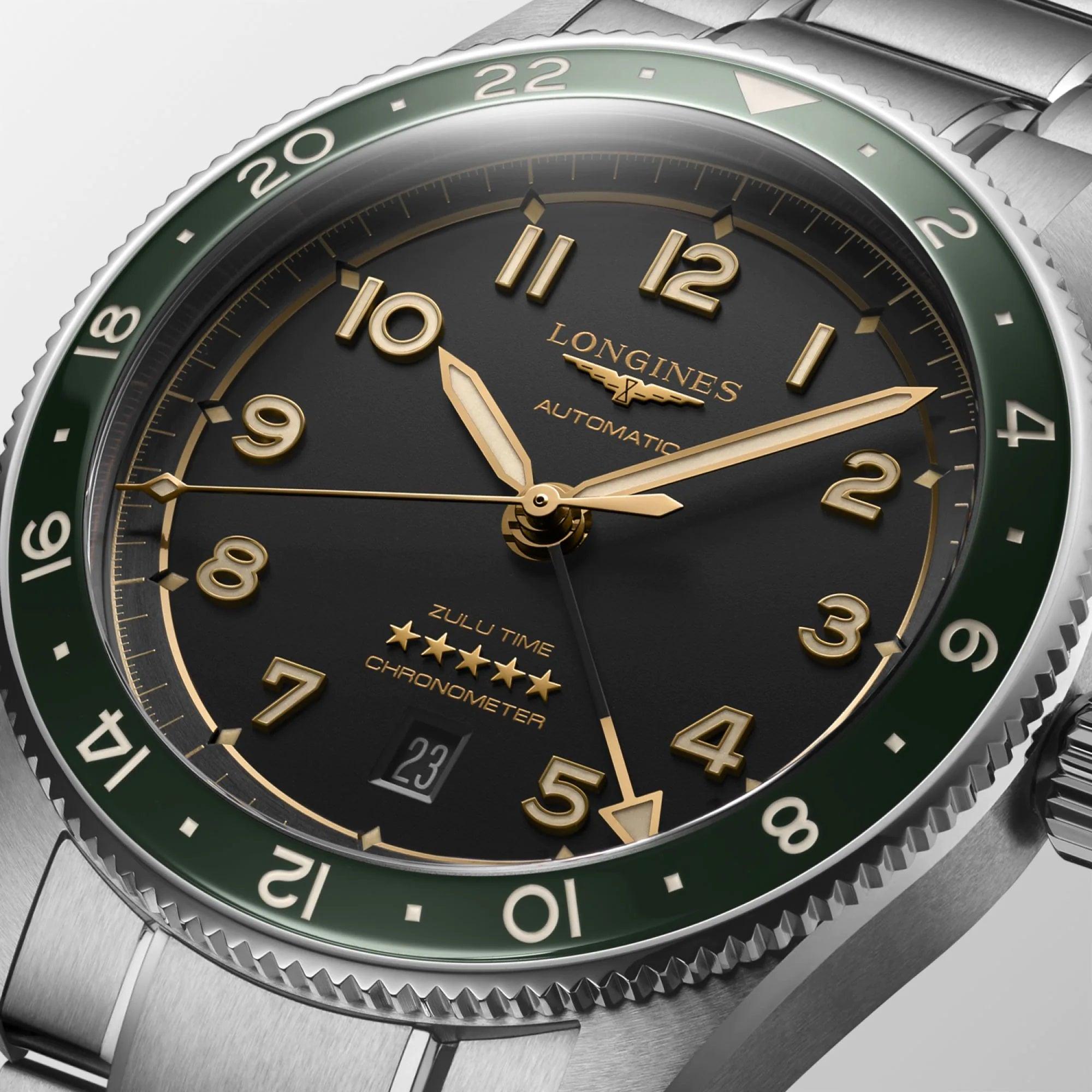 Orologio automatico da polso con quadrante nero e lunetta verde, cassa in acciaio