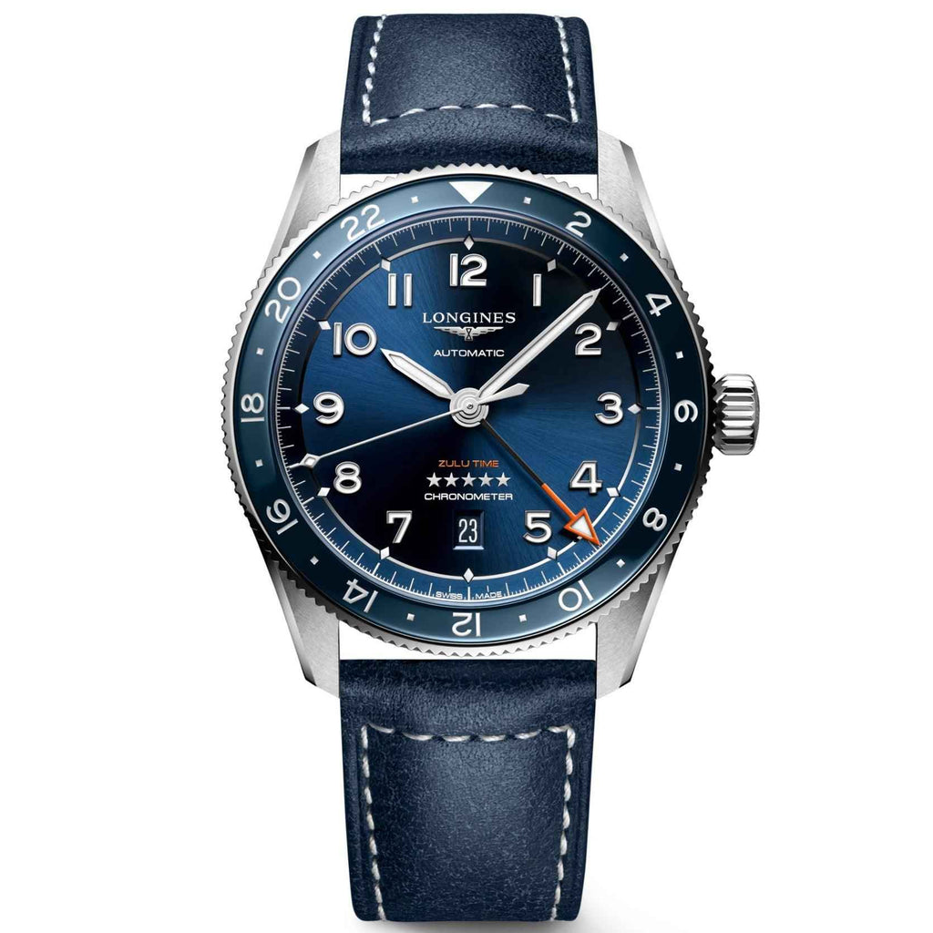 Orologio automatico blu con cinturino in pelle e cassa in acciaio, quadrante Zulu Time