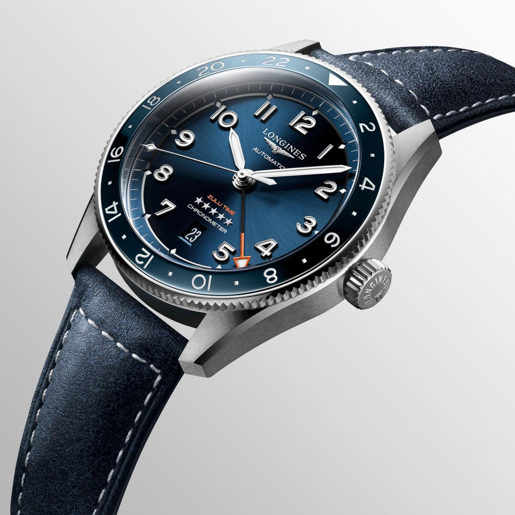 Orologio Longines Spirit Zulu Time 42mm: quadrante blu, cinturino pelle, cassa acciaio