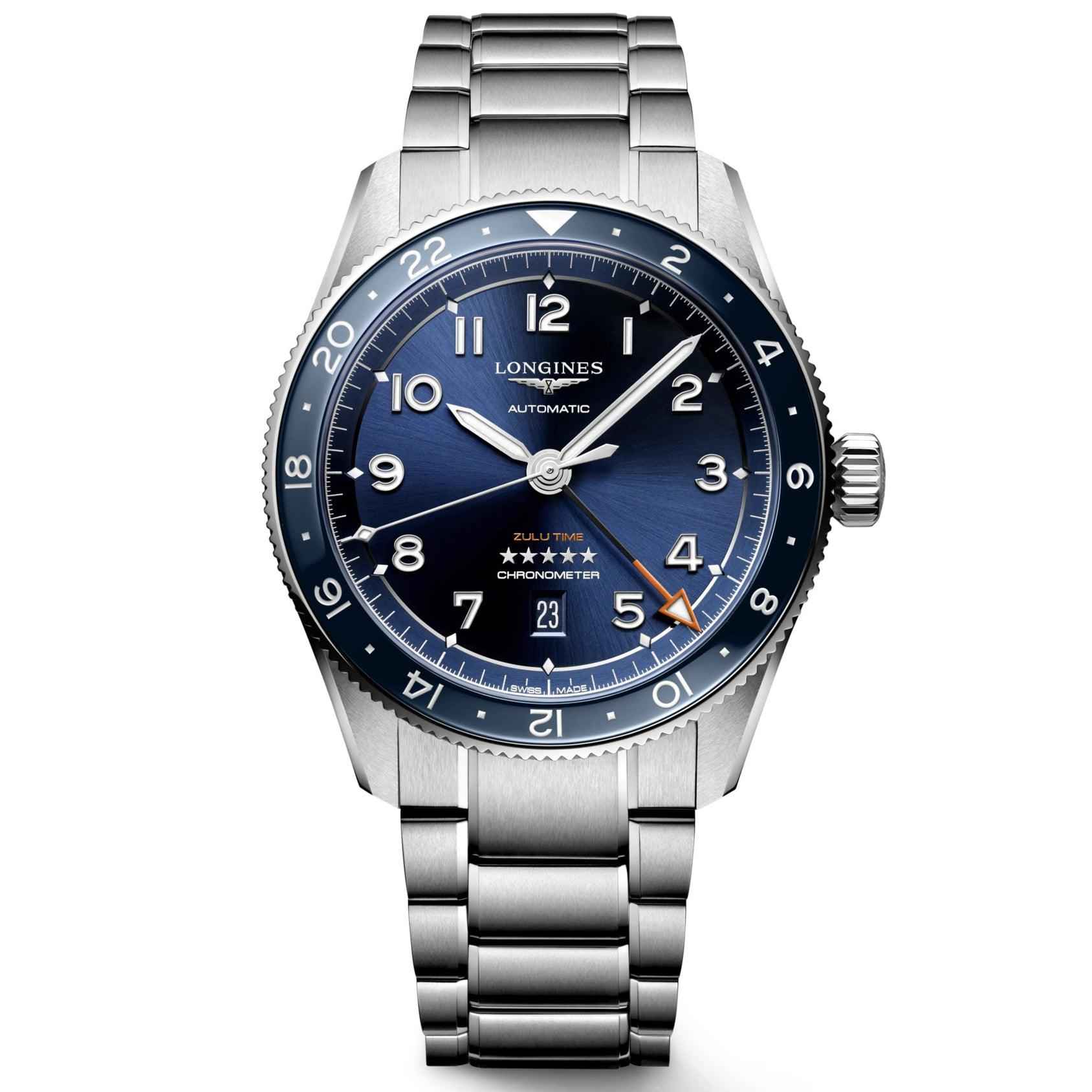 Orologio Longines automatico 42 mm in acciaio, quadrante blu con numeri e indici.