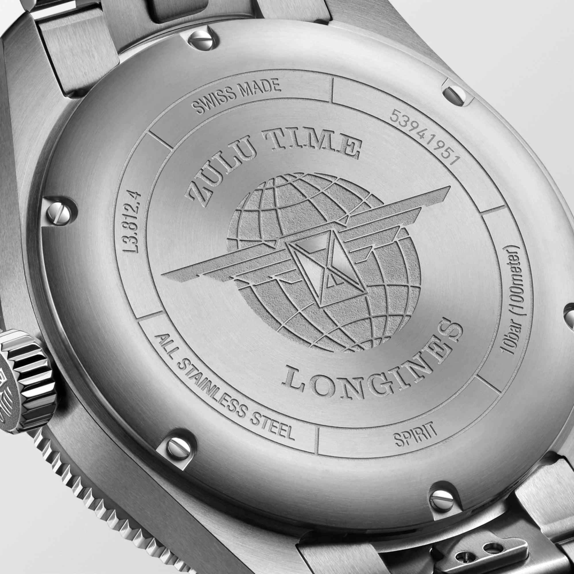 Fondello dell’orologio Longines in acciaio con incisione Zulu Time e logo Spirit.