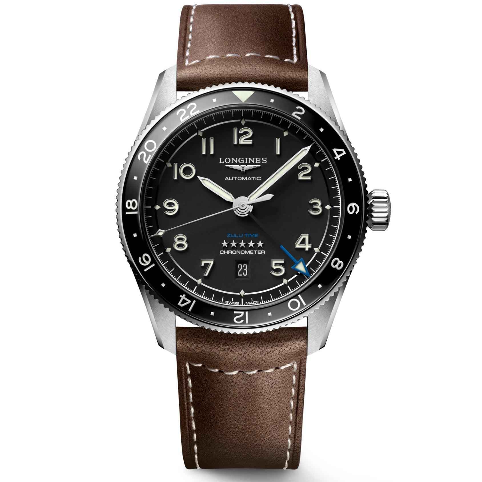Orologio automatico Longines con quadrante nero e cinturino in pelle marrone