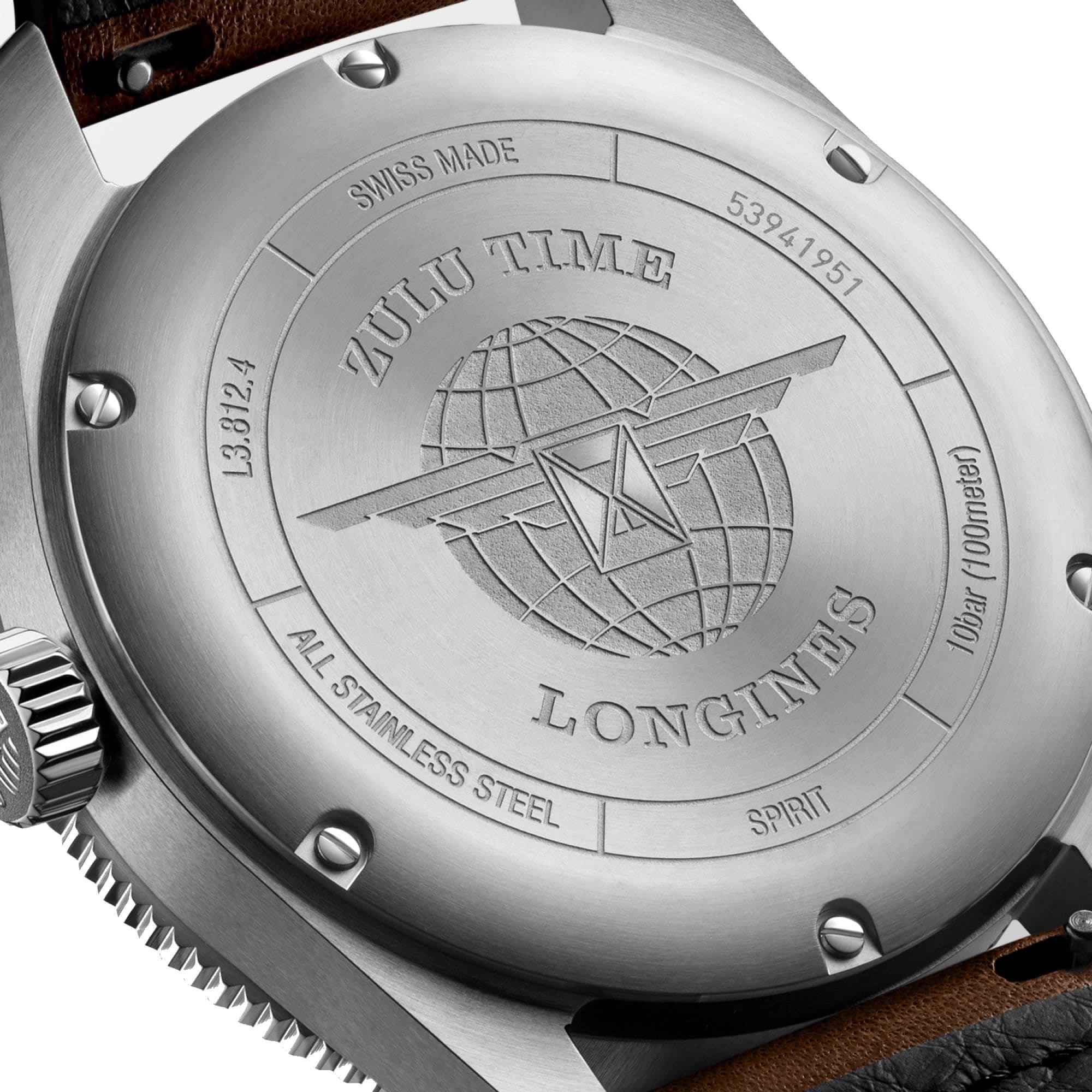 Fondello in acciaio dell’orologio Longines con incisione mappa e scritta Swiss Made
