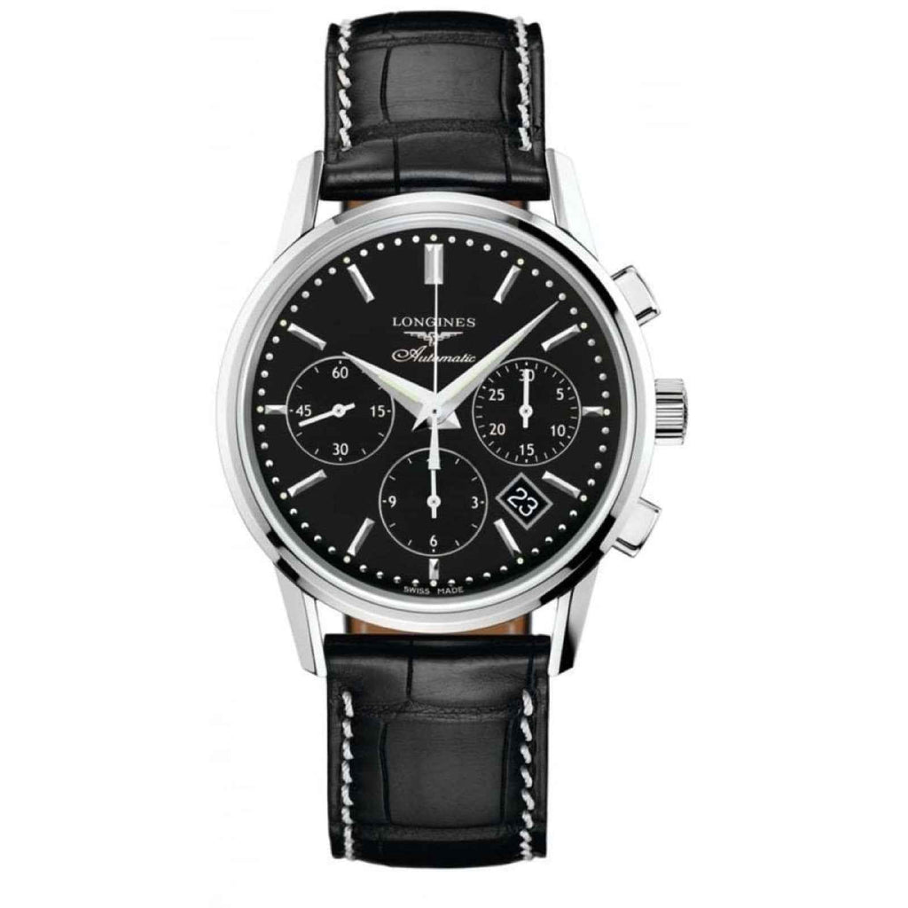 Orologio cronografo automatico: quadrante nero, cassa in acciaio, cinturino in pelle nera