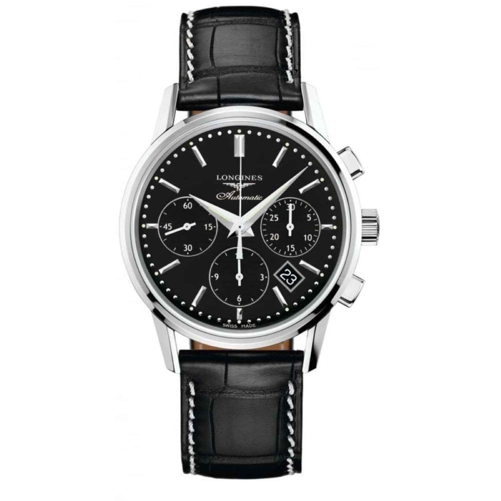 Orologio cronografo automatico: quadrante nero, cassa in acciaio, cinturino in pelle nera