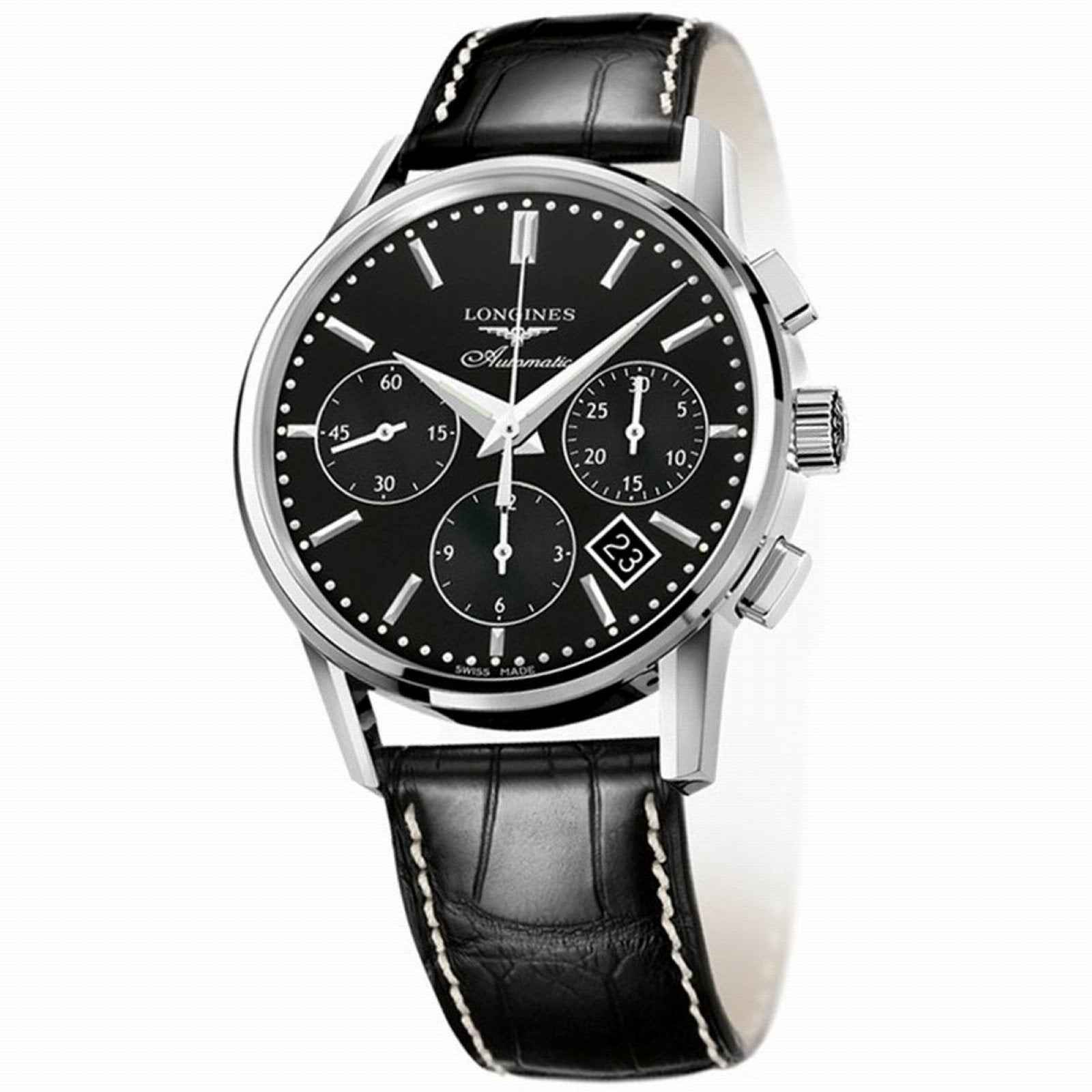 Orologio cronografo con quadrante nero e tre contatori, cassa in acciaio, pelle nera