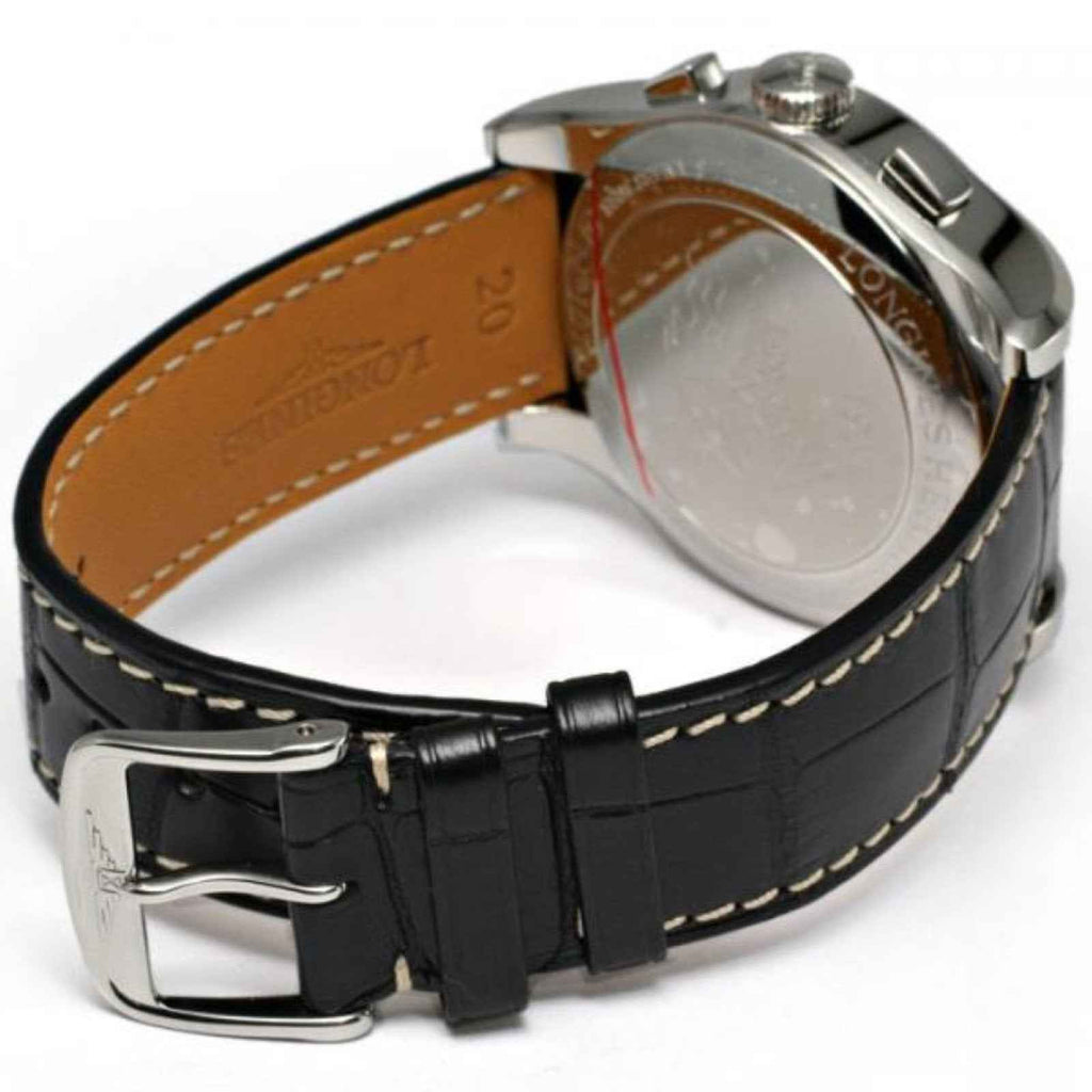 Orologio con cinturino in pelle nera e fibbia d’acciaio, lato posteriore, cassa acciaio