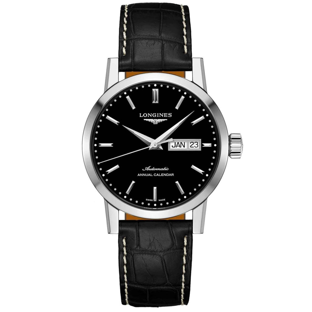 Orologio Longines con quadrante nero, data «JAN 23», cassa acciaio e cinturino alligatore