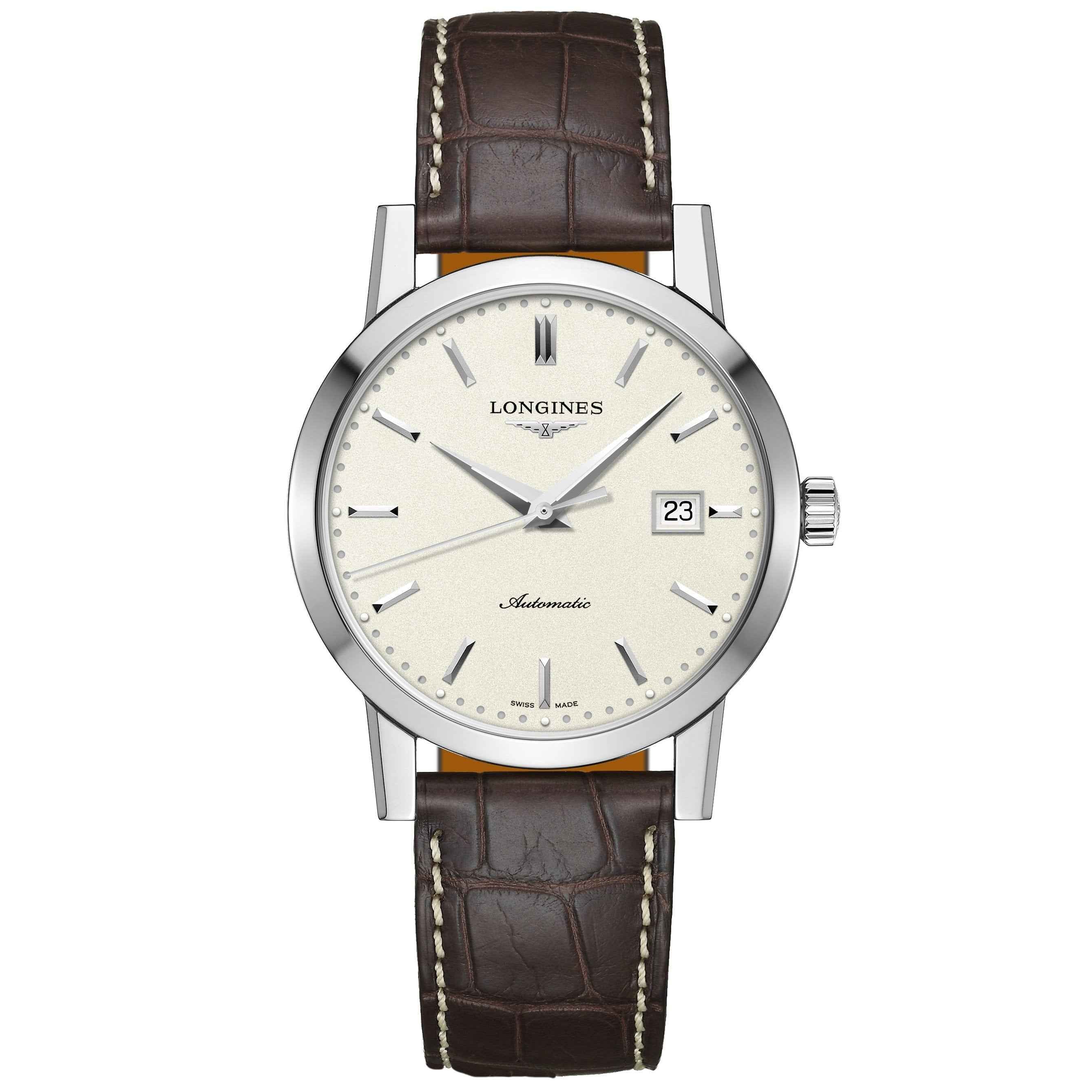Orologio Longines automatico 1982 con cassa in acciaio e quadrante beige, cinturino marrone
