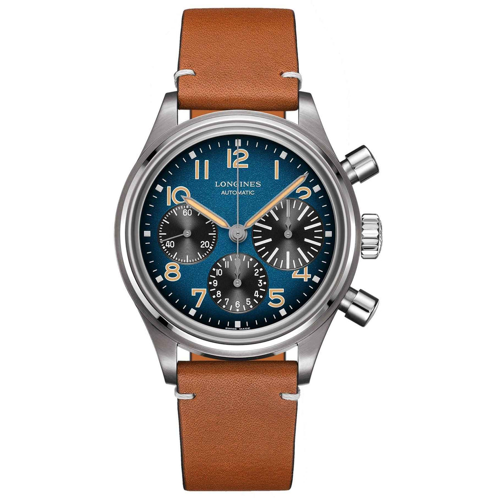 Orologio Longines BigEye 41 mm con cinturino in pelle marrone e quadrante blu petrolio