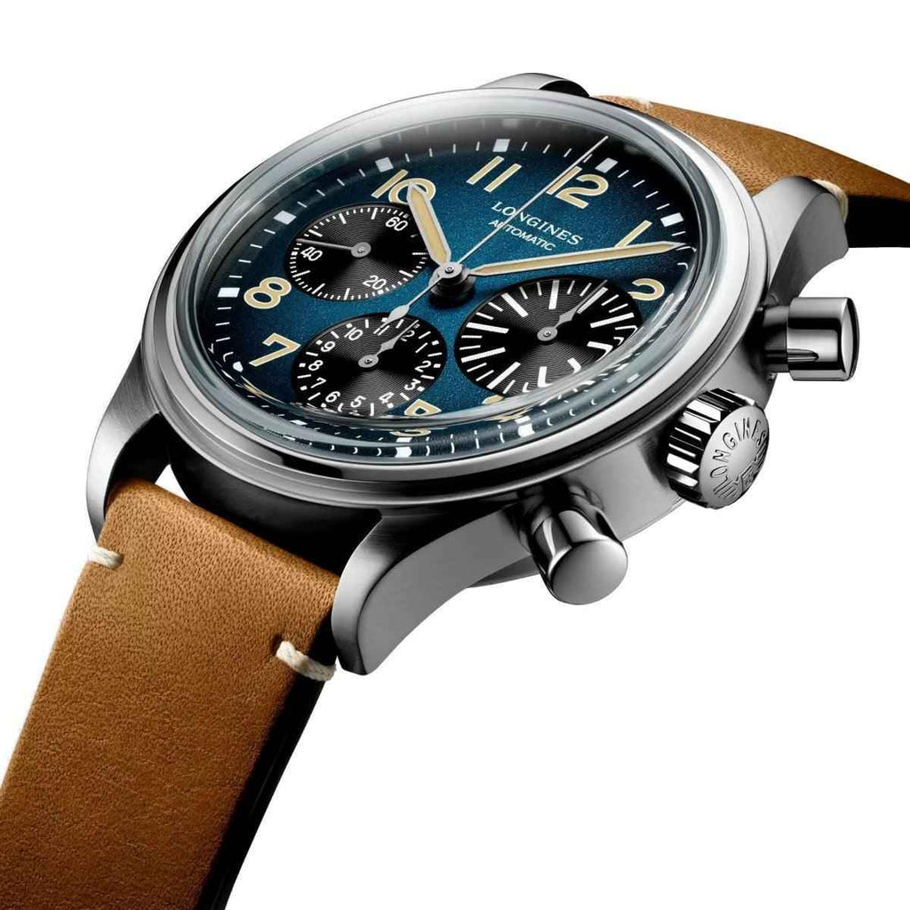 Orologio Longines BigEye 41 mm con quadrante blu petrolio e pulsanti cromati