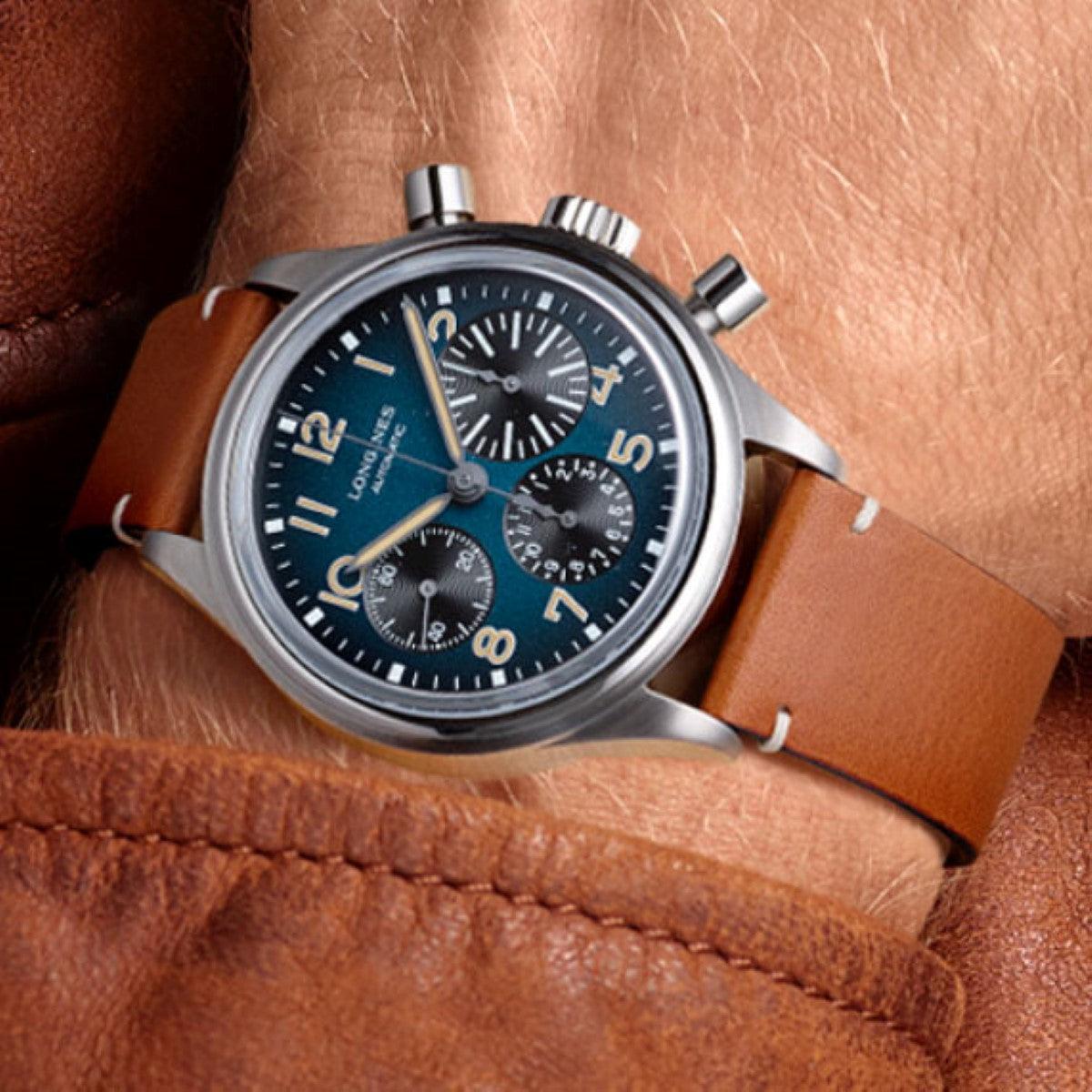 Orologio cronografo automatico BigEye 41mm titanio, quadrante petrolio, cinturino in pelle