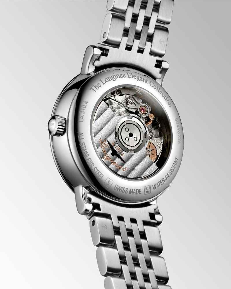 Orologio Longines da donna con fondello trasparente in acciaio e bracciale a maglia