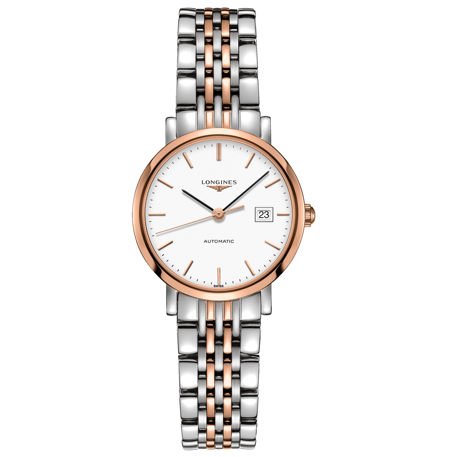 Orologio da polso Longines con quadrante bianco e bracciale in acciaio oro rosa