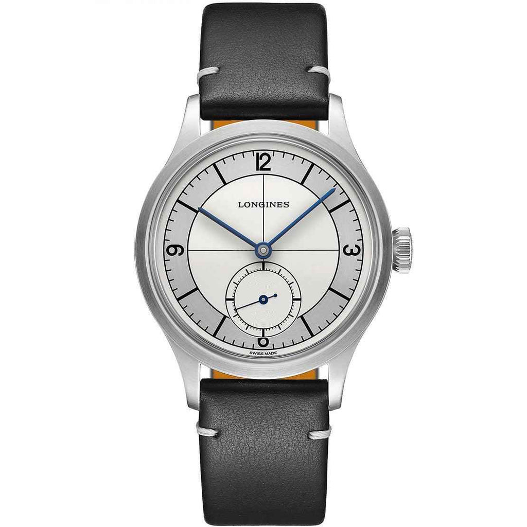 Orologio Longines con cassa acciaio e cinturino pelle nera, quadrante bianco