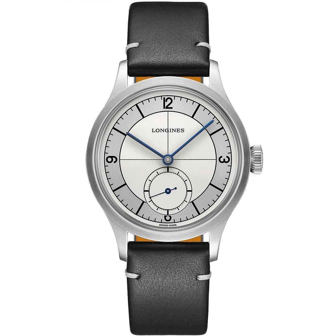 Orologio Longines con cassa acciaio e cinturino pelle nera, quadrante bianco