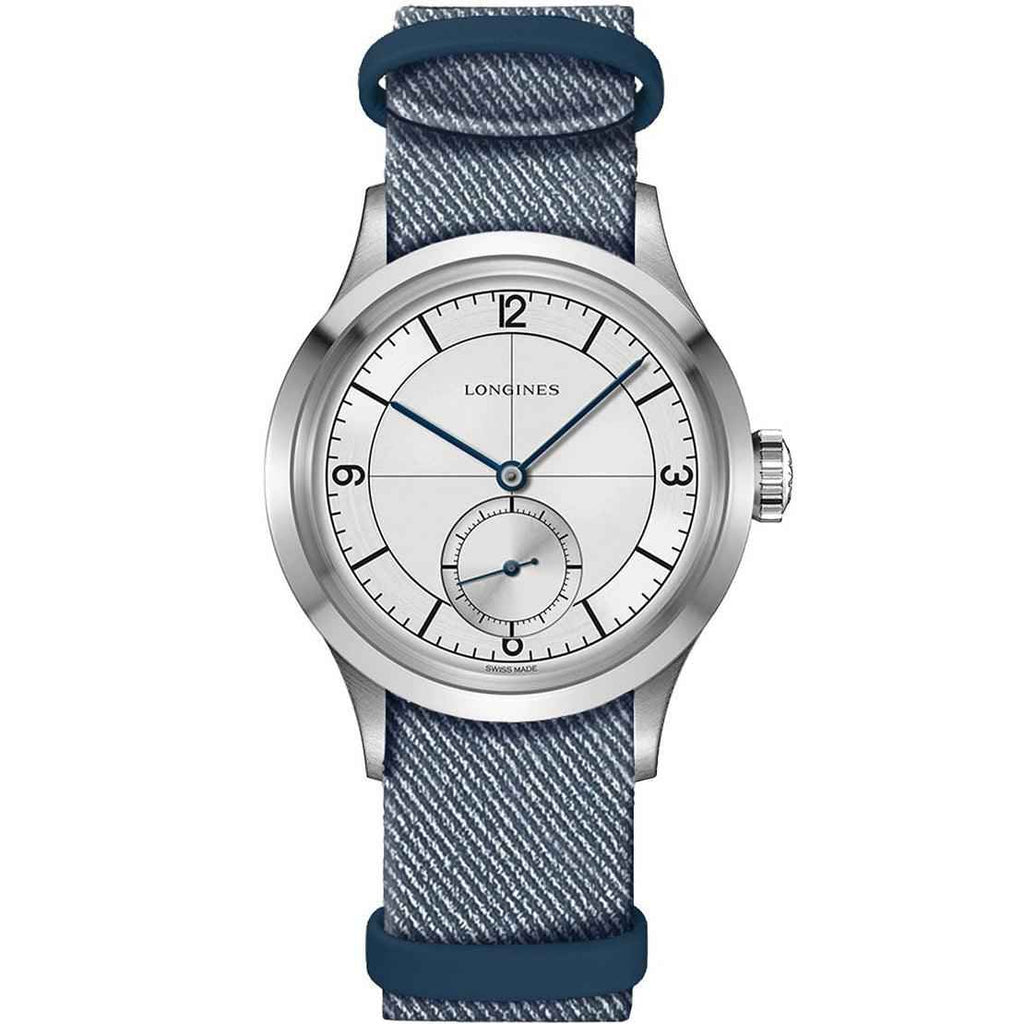 Orologio Longines con cassa acciaio e cinturino jeans blu, quadrante bianco
