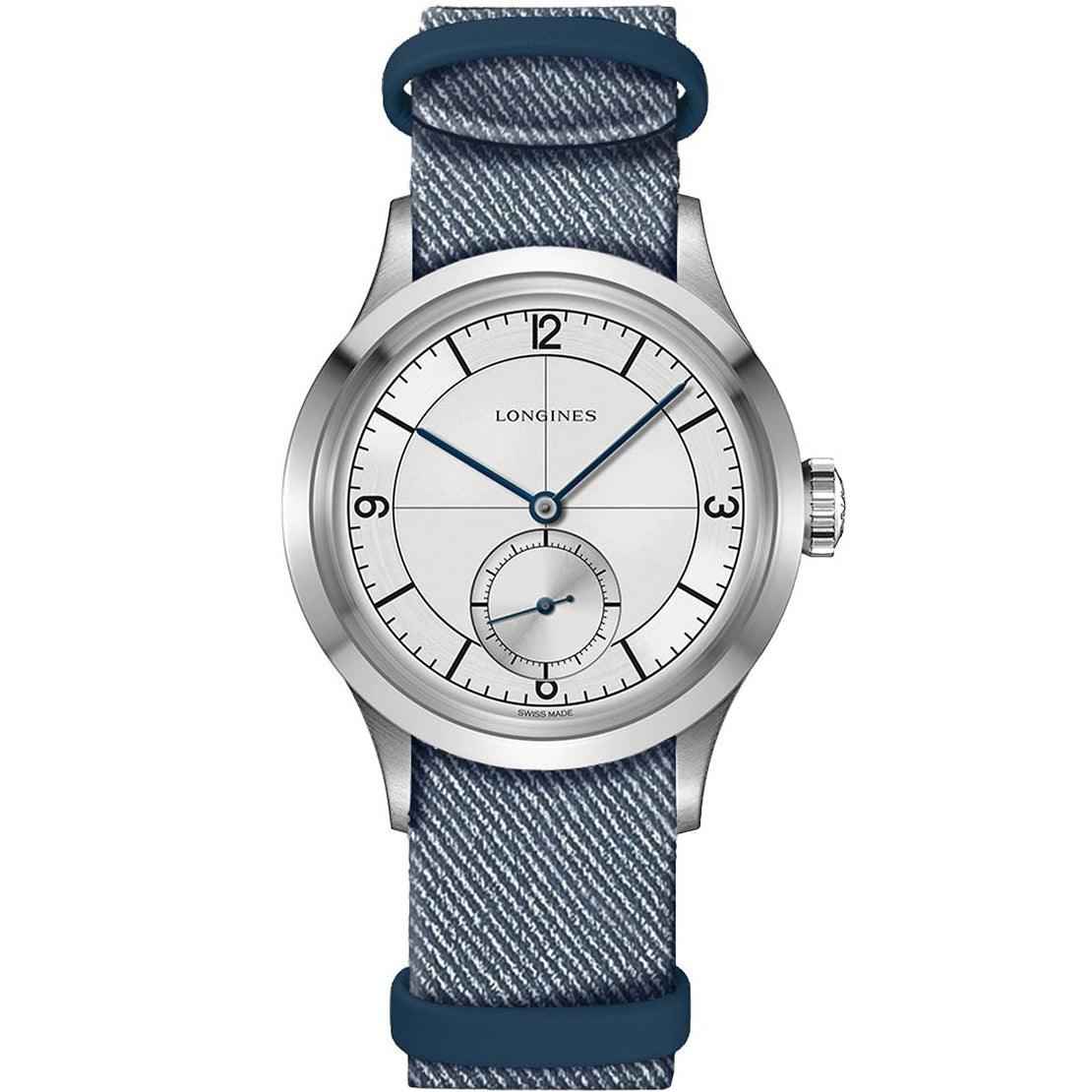 Orologio Longines con cassa acciaio e cinturino jeans blu, quadrante bianco