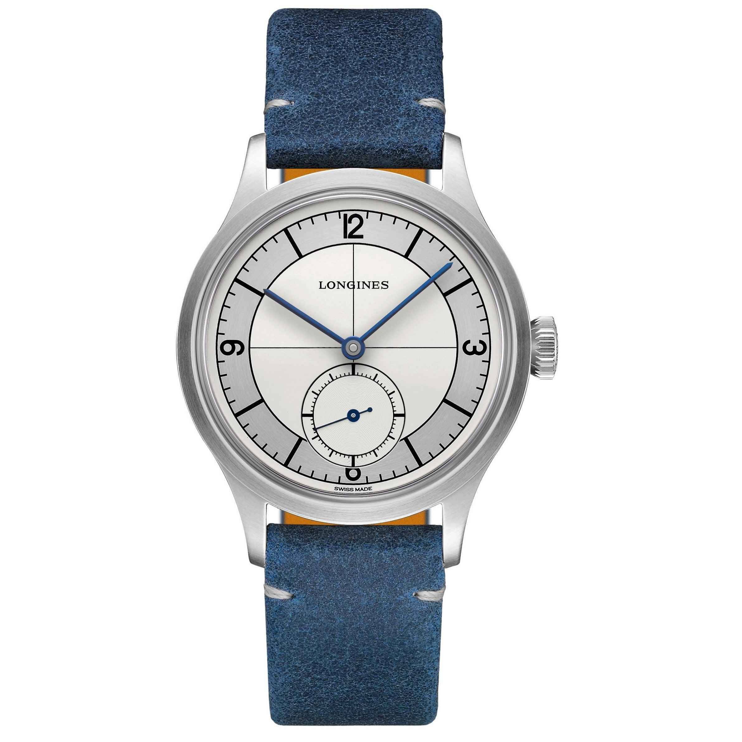 Orologio Longines con quadrante argento e cinturino in pelle blu, cassa in acciaio