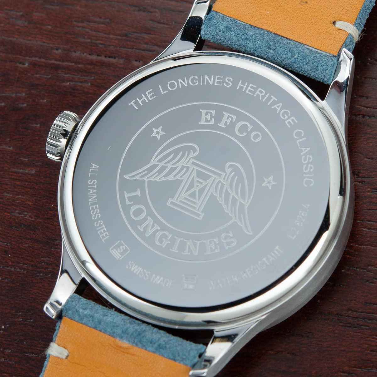 Orologio Longines con fondello in acciaio inciso e cinturino in pelle blu
