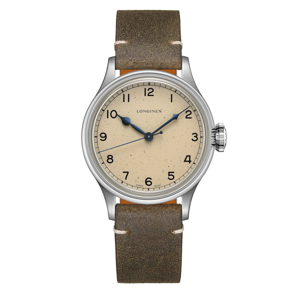 Orologio Longines con cinturino in pelle marrone e quadrante crema, cassa acciaio