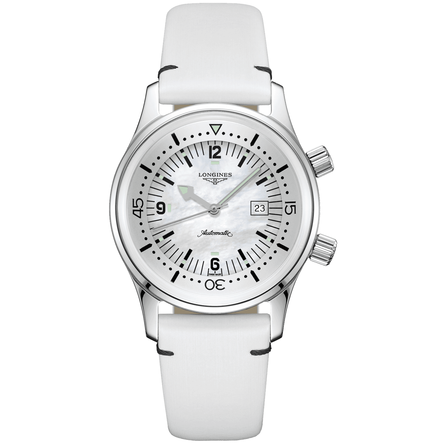 Orologio automatico con quadrante madreperla bianco, cinturino bianco, cassa acciaio