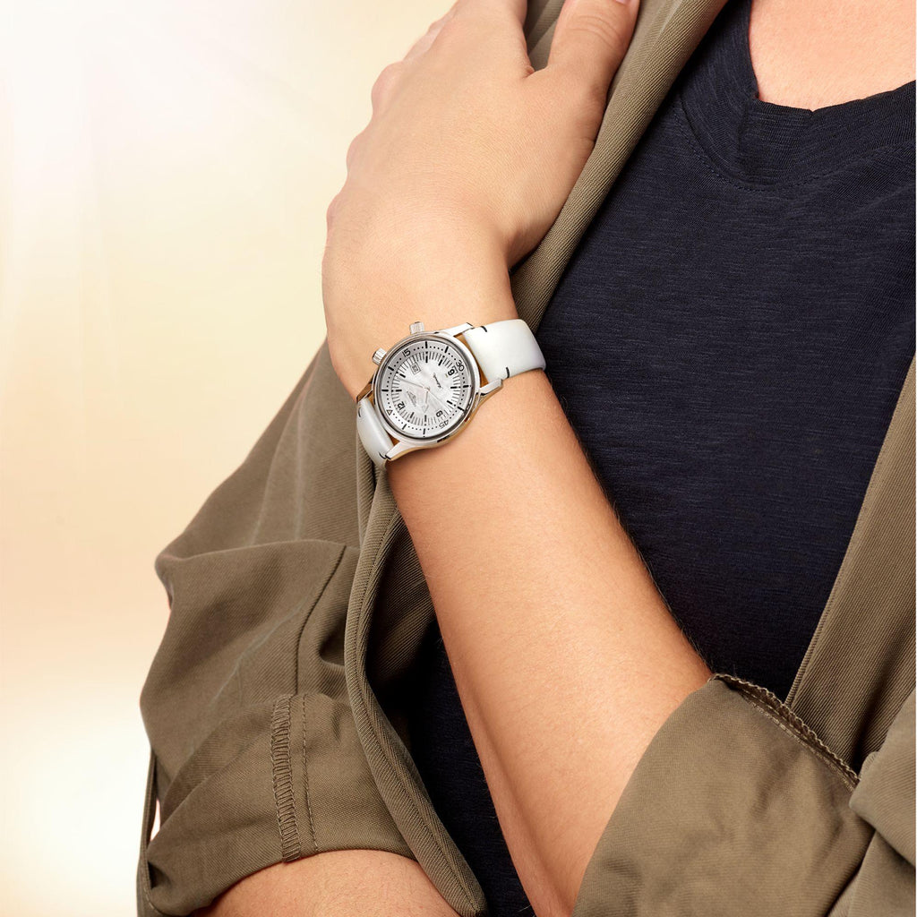 Orologio Longines da 36 mm con quadrante madreperla, cassa acciaio e cinturino bianco