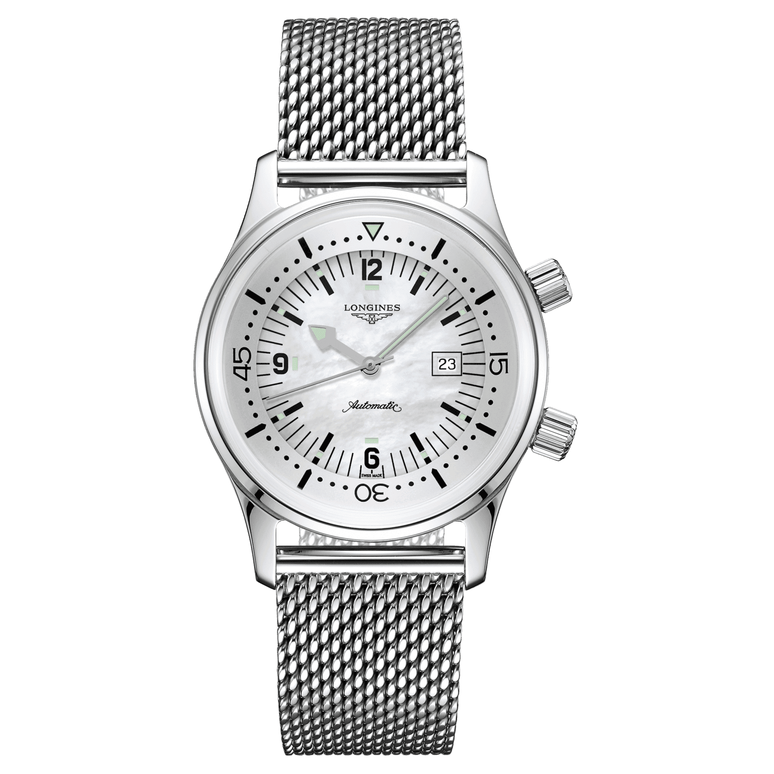 Orologio automatico Longines con bracciale maglia d’acciaio e quadrante madreperla
