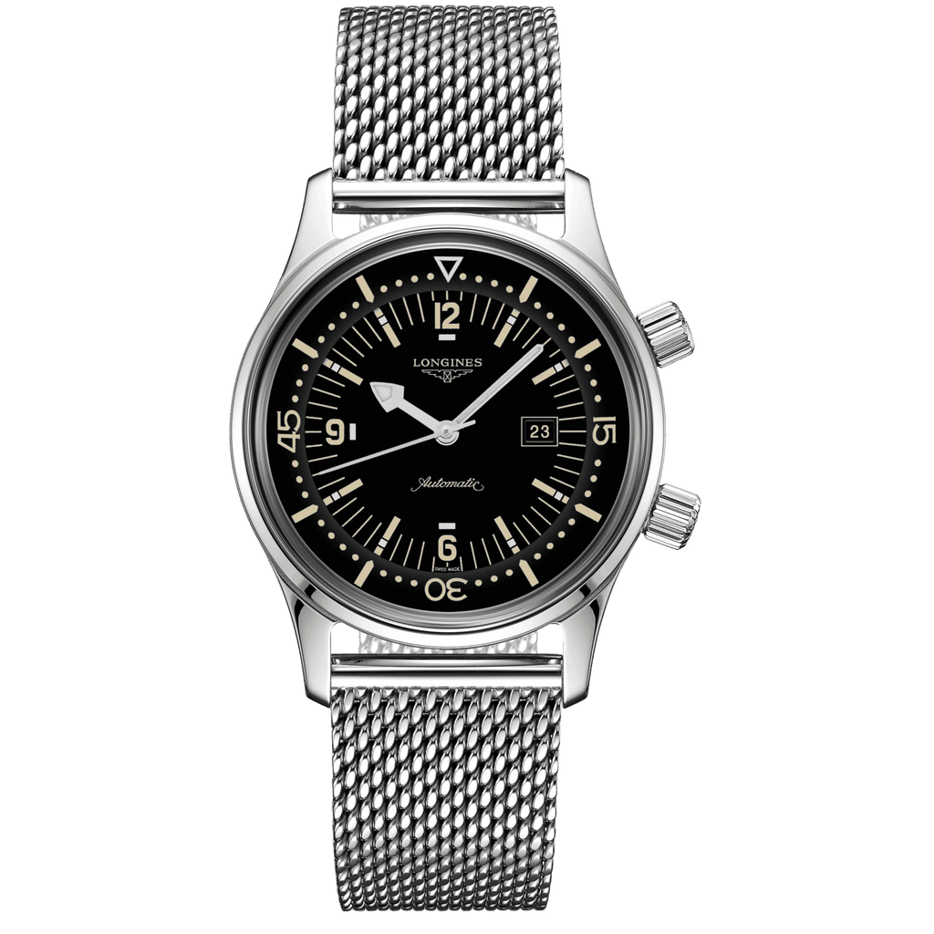 Orologio Longines Legend Diver 36mm: quadrante nero, cassa acciaio e bracciale a maglia