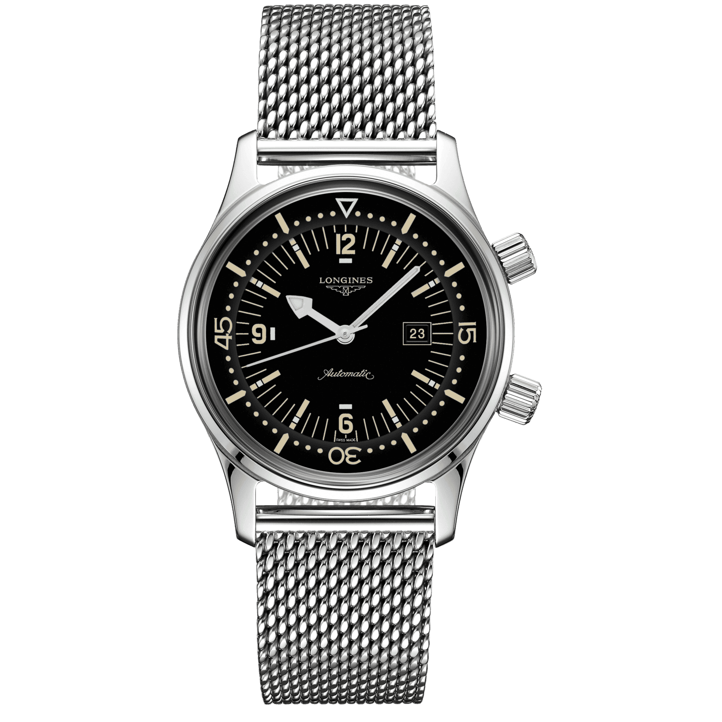 Orologio Longines Legend Diver 36mm: quadrante nero, cassa acciaio e bracciale a maglia