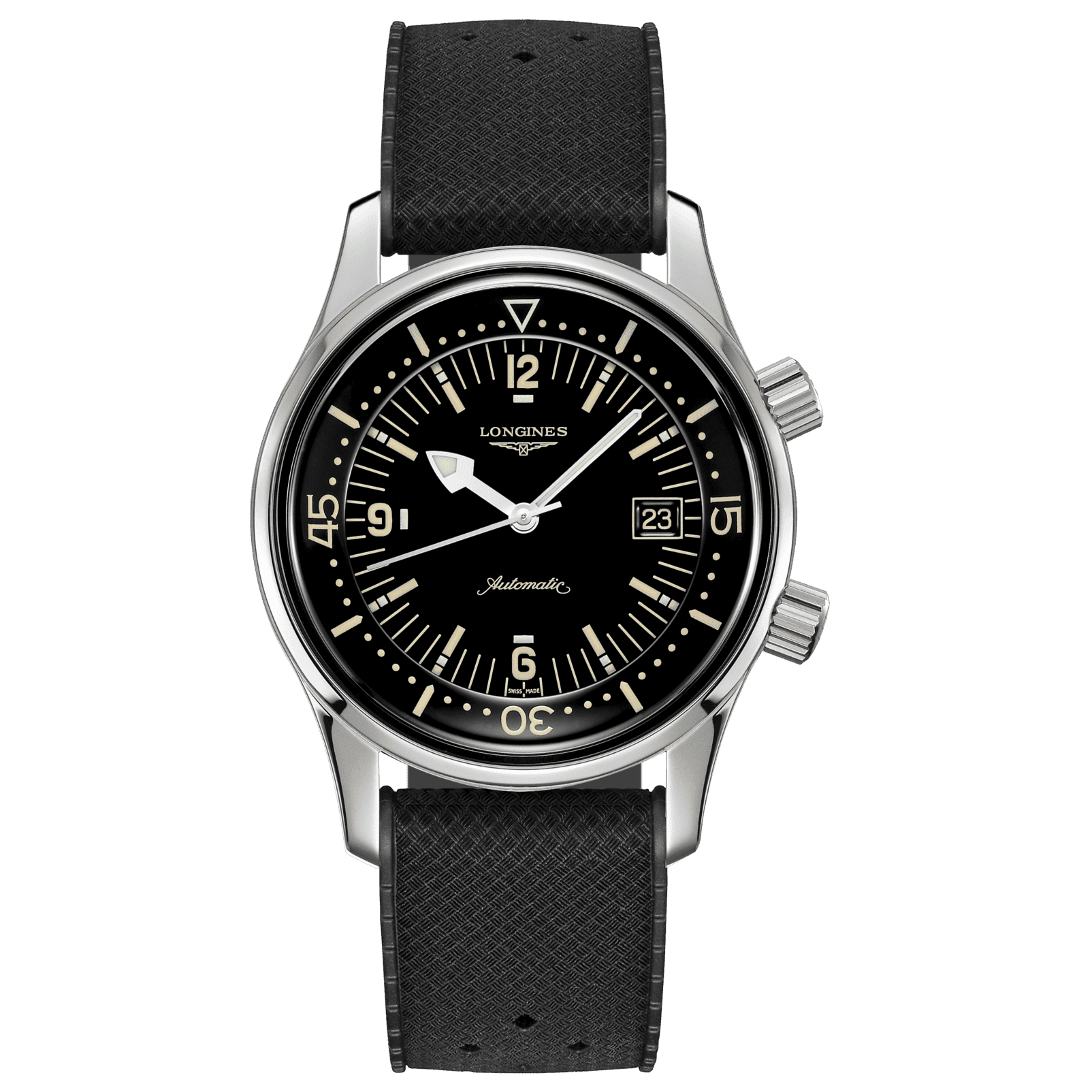 Orologio Longines Legend Diver 42 mm automatico nero con cinturino in tessuto nero