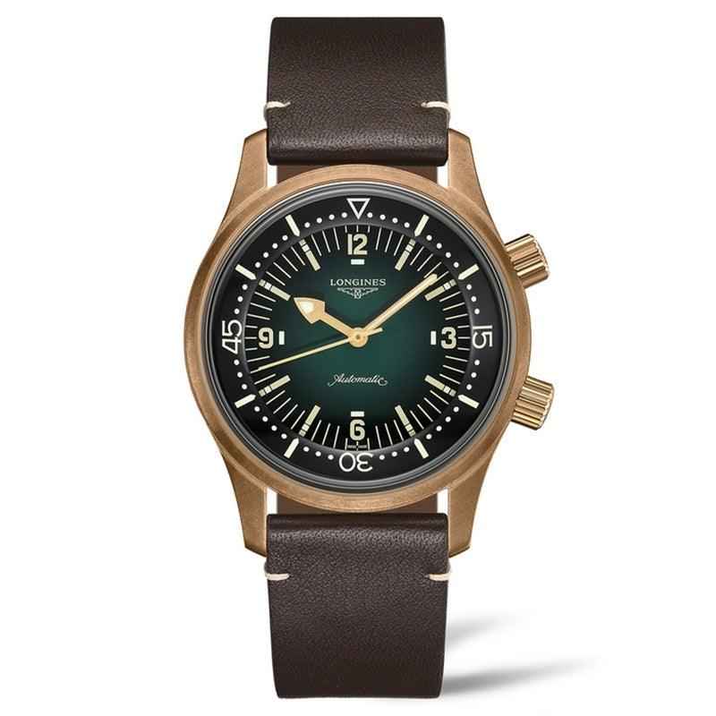 Orologio subacqueo automatico con quadrante nero e cinturino in pelle marrone