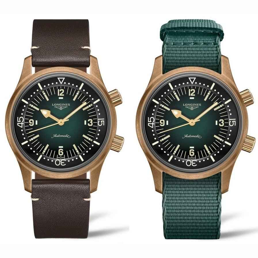 Coppia di orologi subacquei automatici: cinturino marrone e cinturino verde