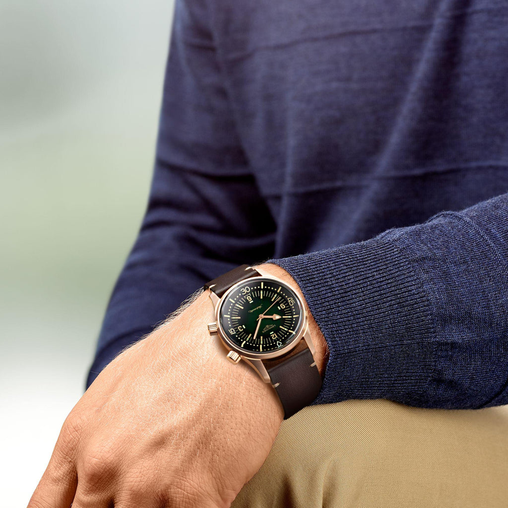Orologio subacqueo automatico 42 mm con quadrante verde e cinturino in pelle marrone