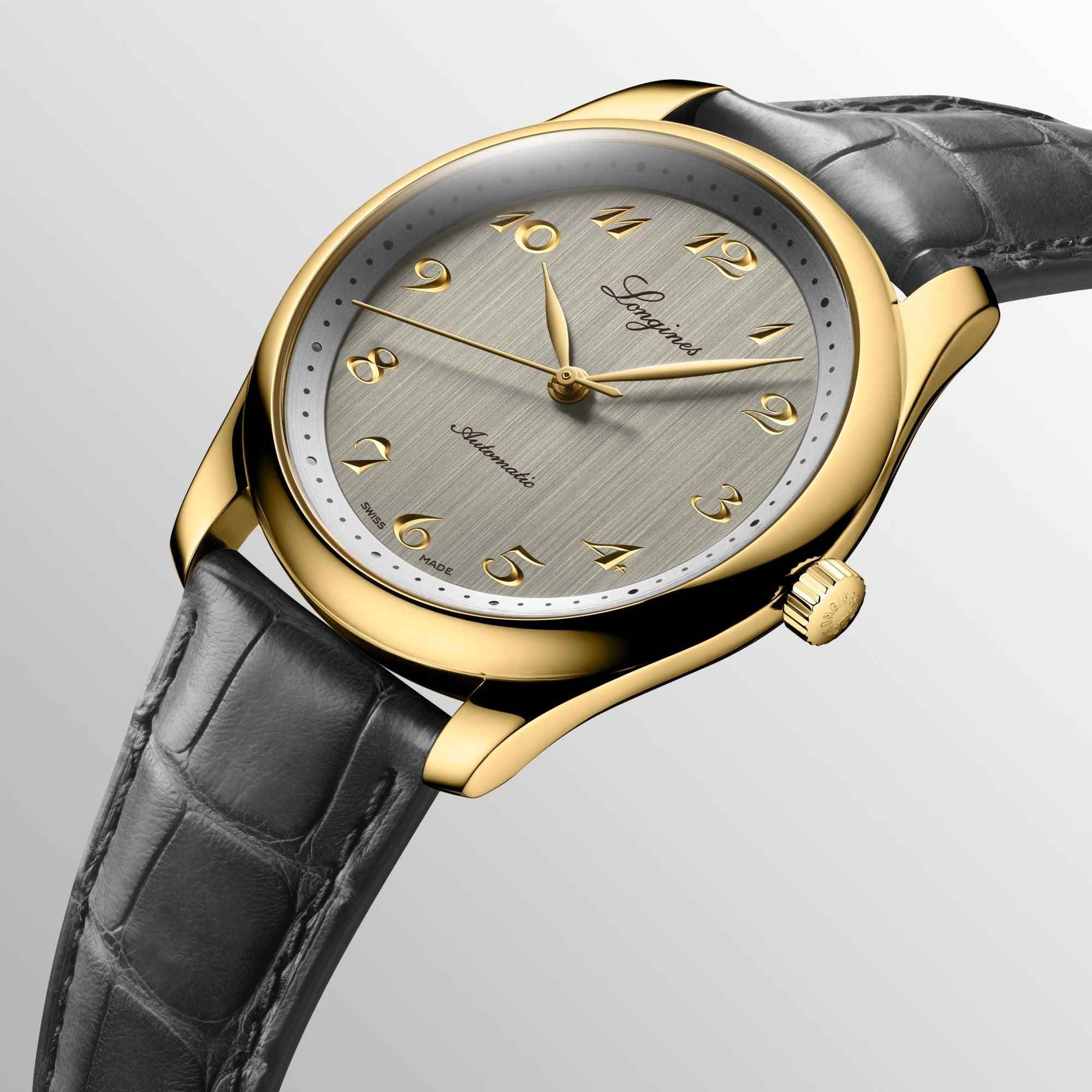 Orologio Longines con quadrante grigio, cassa oro giallo 18K e cinturino alligatore