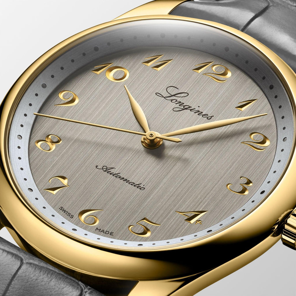 Orologio con quadrante grigio e indici oro, cinturino in pelle scura
