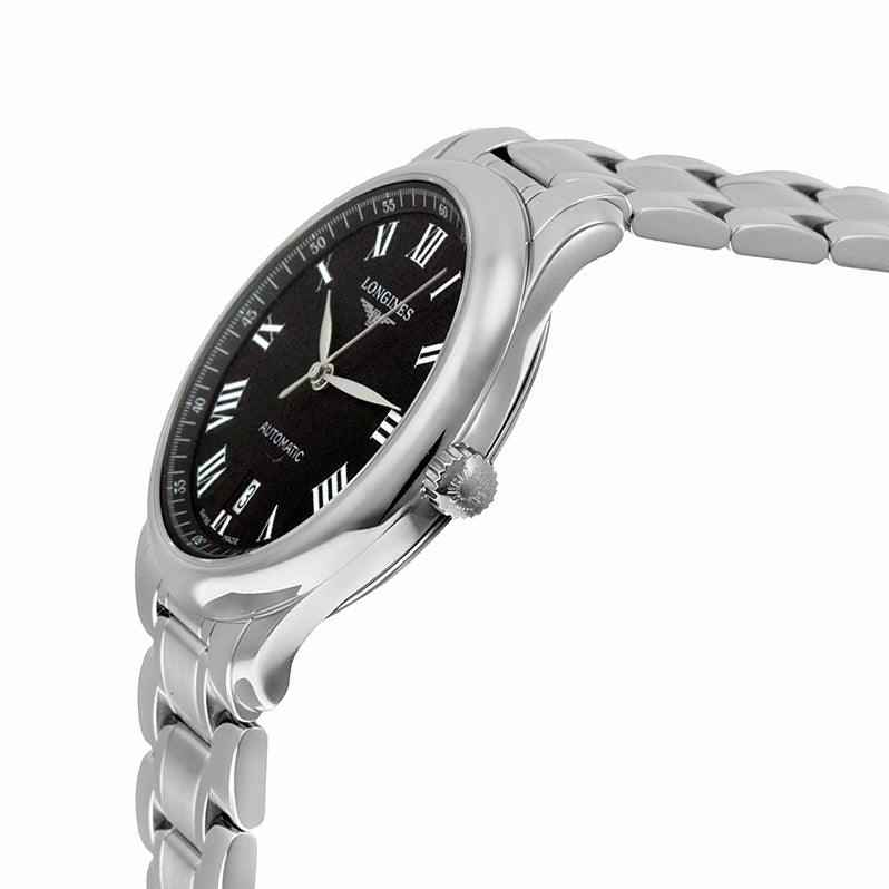 Orologio Longines Master Collection nero con cassa e bracciale in acciaio, corona visibile