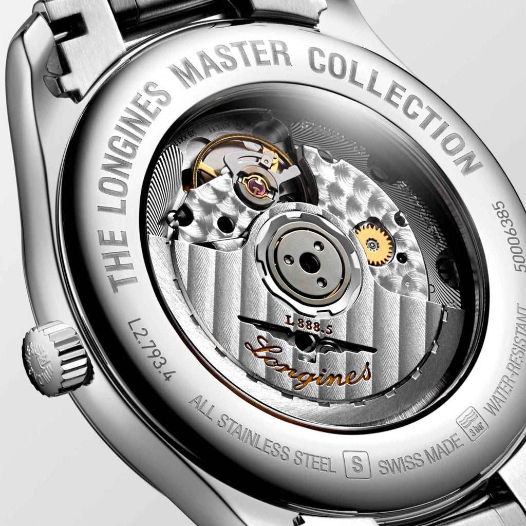 Orologio Longines con fondello trasparente e movimento automatico visibile