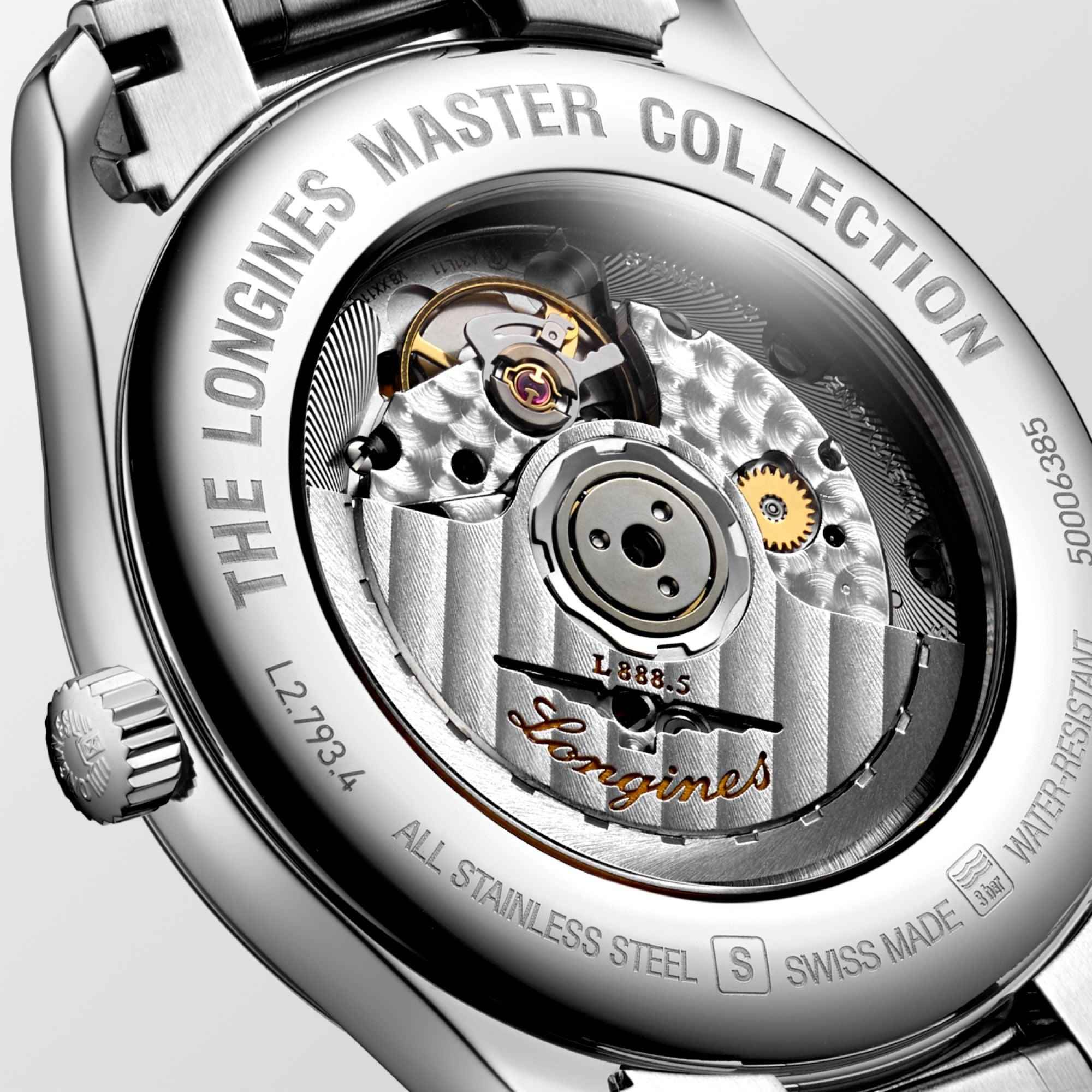 Orologio Longines con fondello trasparente e movimento automatico visibile