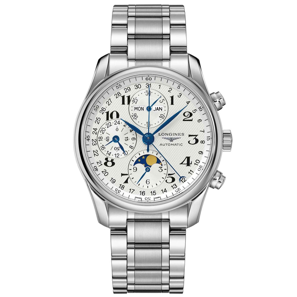 Orologio da polso Longines in acciaio, quadrante argento con cronografo e fasi lunari